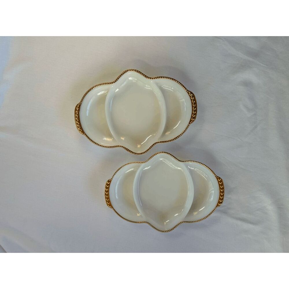 Vintage Fire King Milk Glass Three Section Platter Set, Gold Trim, Made in USA